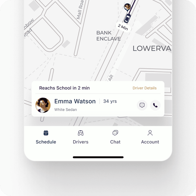 SchoolRyde app showing live ride tracking on a map with driver details