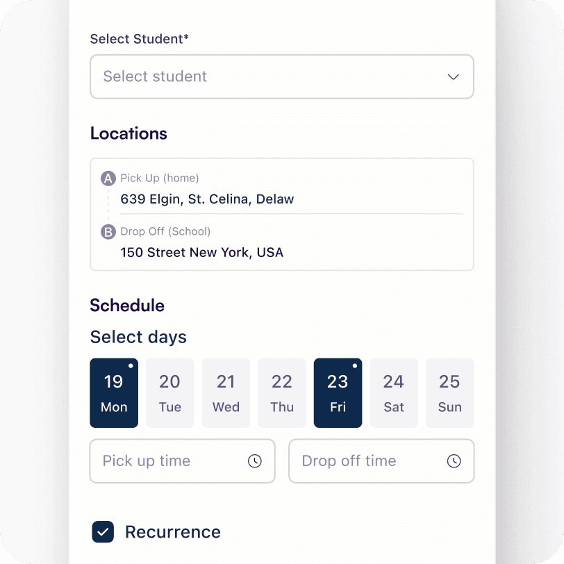 SchoolRyde app scheduling screen with pickup, drop-off, days and recurrence